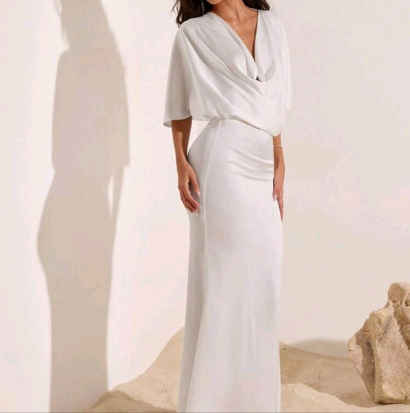 Women's Elegant Solid Color Draped Neck Top And Skirt 2 Pieces Set, Summer,Vacat - Picture 2 of 6